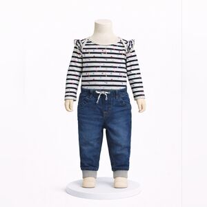 Striped Long Sleeve Onesie and Denim Pants Set 18m